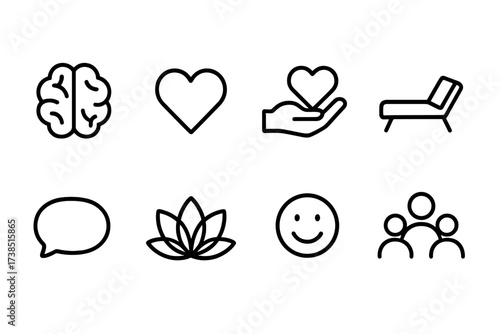 Mental Health Icons. Outline icon set of mental health support: brain, heart, helping hand, therapy couch, speech bubble, lotus flower, smiley face, support