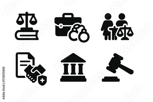 Court Case Icons. Solid, filled icon set of court case types: civil case, criminal case, family law, contract dispute, property dispute, personal injury,