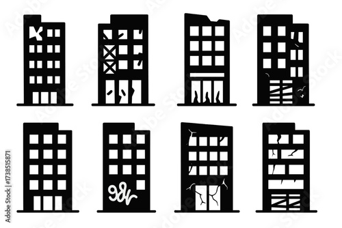 Abandoned Skyscraper Icons. Solid, filled icon set of abandoned skyscraper: shattered glass, rusted beams, missing panels, broken elevators, empty floors,