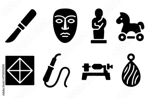 Wood Craft Icon Set. Solid, filled icon set of wood crafts: carving knife, wooden mask, sculpture, wooden toy, marquetry, wood burning tool, turning lathe,