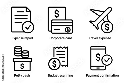 Company Expense Icons. Outline icon set of company expenses: expense report, corporate card, invoice approval, travel expense, petty cash, budget limit,