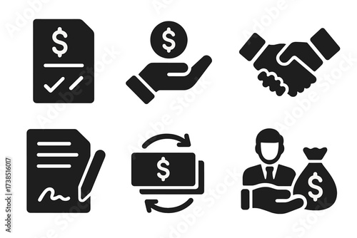 Business Aid Icons. Solid, filled icon set of business financial aid: loan application, investment, growth graph, handshake, contract, cash flow, money bag,