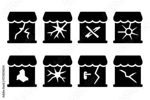 Broken Storefront Icons. Solid, filled icon set of storefront broken window: smashed glass, shattered pane, cracked frame, missing shards, taped cracks, broken