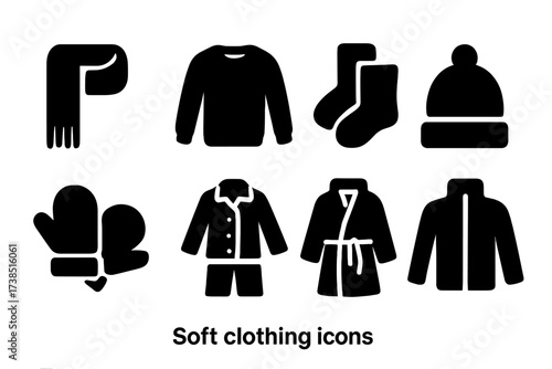 Soft Clothing Icons. Solid, filled icon set of softness in clothing: scarf, sweater, socks, hat, mittens, pajamas, robe, soft jacket. Solid, filled icons in
