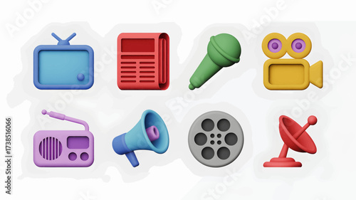 Colorful 3D media icons representing television newspaper microphone camera radio megaphone film reel and satellite dish against a clean in a modern style