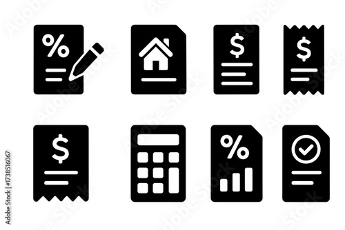 Financial Document Icons. Solid, filled icon set of interest rate documentation: loan agreement, mortgage document, bank statement, invoice, receipt,