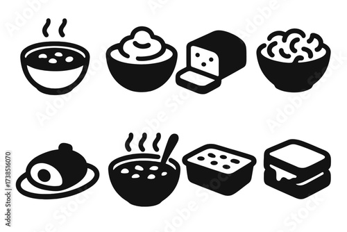 Comfort Food Icons. Solid, filled icon set of comfort food: bowl of chili, mashed potatoes, meatloaf, macaroni and cheese, pot roast, chicken soup, shepherd?s