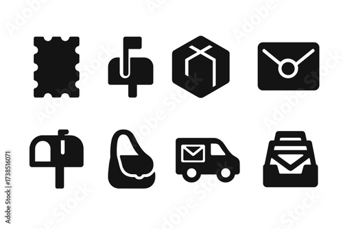 Postal Mail Icons. Solid, filled icon set of postal mail: postage stamp, mailbox flag, parcel, letter sealed, mailbox open, postman bag, delivery van, mail