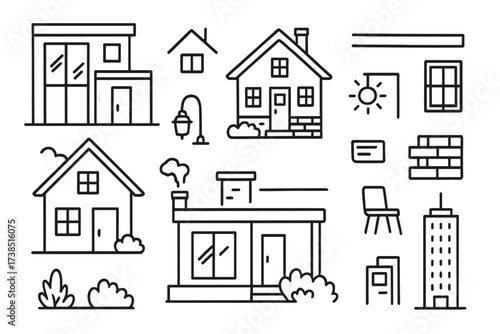 Home Design Doodle. Hand-drawn doodle illustration exterior home design styles modern house, traditional house, pitched roof, flat roof, glass windows, wooden
