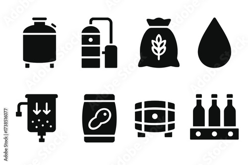 Vodka Production Icons. Solid, filled icon set of vodka production: fermentation tank, distillation column, grain sack, water droplet, filtration system, yeast