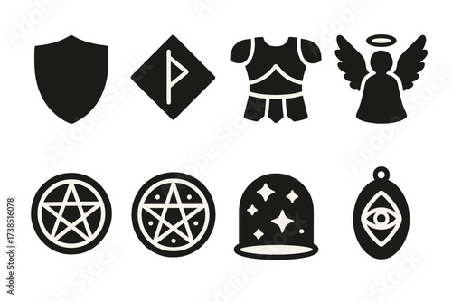 Magical Protector Icons. Solid, filled icon set of magical protectors: magic shield, protective rune, enchanted armor, guardian angel, talisman, spell circle,