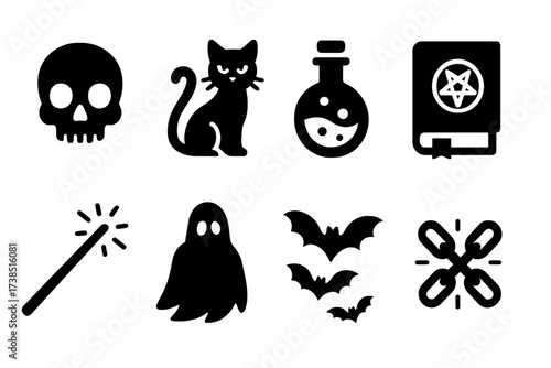 Dark Magic Icons. Solid, filled icon set of dark magic: skull, black cat, potion flask, cursed book, dark wand, shadow figure, bats, magical chains. Solid,