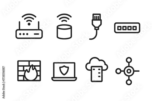 Smart Home Icon Set. Outline icon set of smart home networking: Wi-Fi router, mesh node, ethernet cable, network switch, firewall, VPN, cloud server, IoT hub.