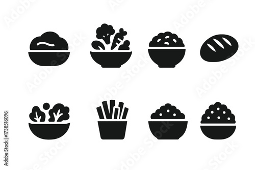 Main Course Icons. Solid, filled icon set of main course accompaniments: mashed potatoes, steamed vegetables, rice, bread, salad, fries, couscous, quinoa.