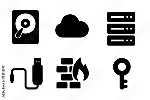 Surveillance Storage Icons. Solid, filled icon set of surveillance data storage: hard drive, cloud storage, server rack, backup disk, data cable, USB stick,