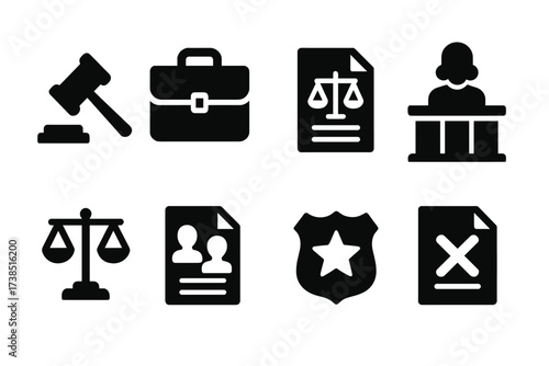 Legal Action Icons. Solid, filled icon set of late payment legal actions: court gavel, lawyer briefcase, legal document, judge's bench, scales of justice,