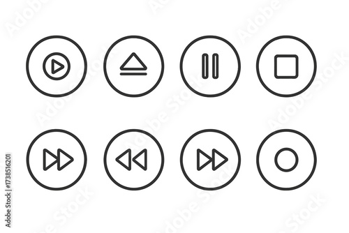 CD_DVD Icon Set. Outline icon set of CD/DVD usage: play button, eject button, pause button, stop button, fast forward, rewind, skip track, record button. Line