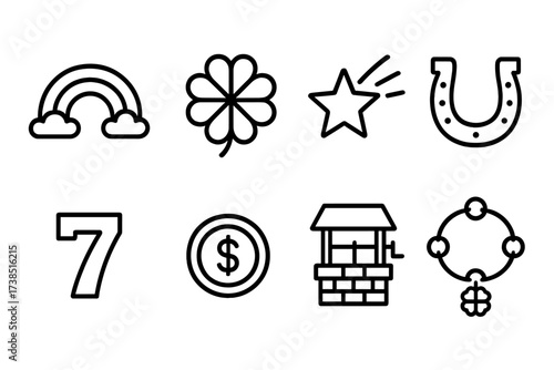 Lucky Icons Collection. Outline icon set of luck signs: rainbow, four-leaf clover, shooting star, horseshoe, lucky number, gold coin, wishing well, charm