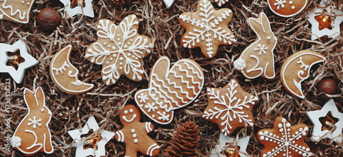 Christmas Gingerbread Cookies Sweet Decorative Top View Brown White Festive Background. Holiday Baked Shapes Beautiful Frosted Traditional Seasonal Artistic Food Photography
