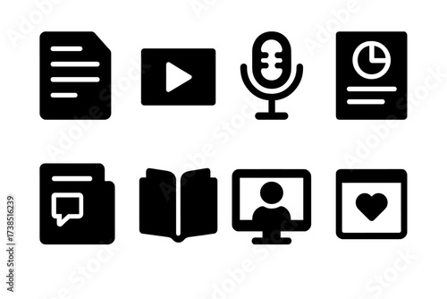 Content Type Icons. Solid, filled icon set of content types: article, video, podcast, infographic, blog post, eBook, webinar, social media post. [Line icons in