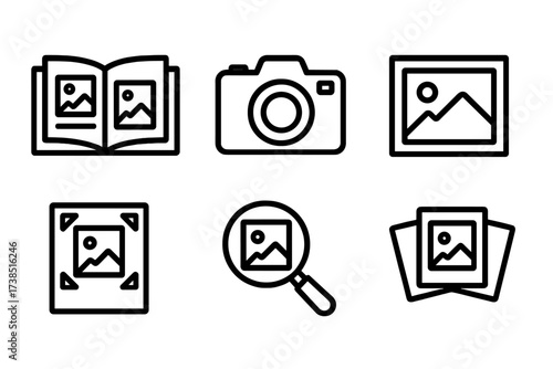 Photo Album Icons. Outline icon set of photo albums: open album, camera, photo frame, polaroid, scrapbook, magnifying glass, memory card, picture stack. Line