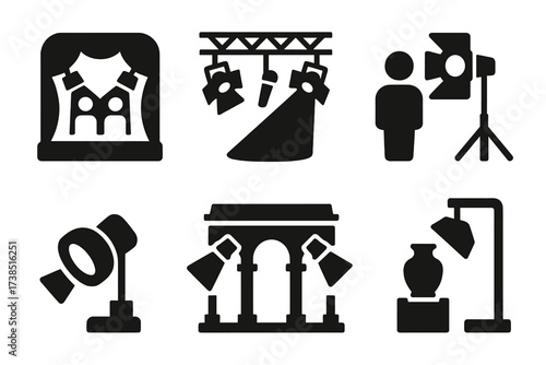Spotlight Icon Set. Solid, filled icon set of spotlight applications: theater, concert, film set, photography, event, outdoor lighting, architectural lighting,