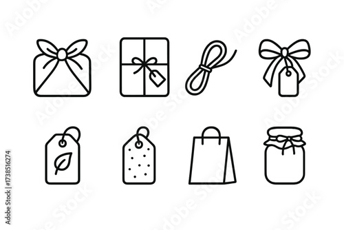 Eco-Friendly Wrapping Icons. Outline icon set of eco-friendly wrapping: reusable fabric wrap, kraft paper wrap, natural twine, recycled ribbon, biodegradable
