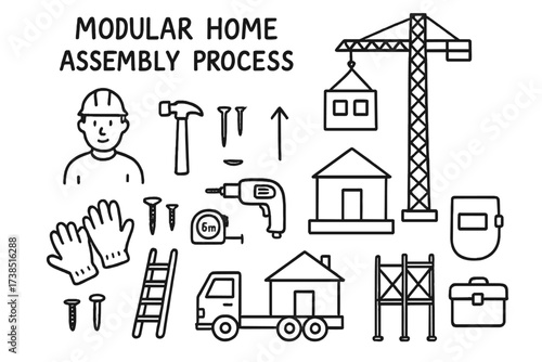 Modular Home Blueprint. Hand-drawn doodle illustration Modular home assembly process blueprint, modular house parts, crane, worker with helmet, hammer, nails,
