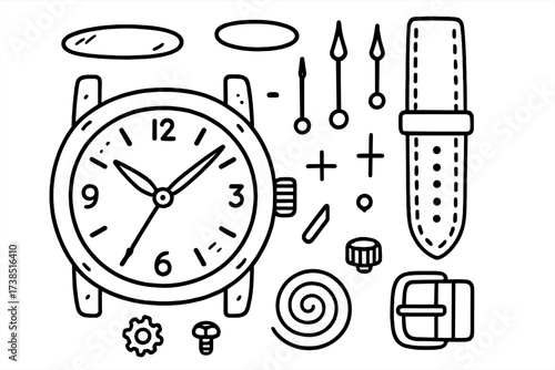 Watch Doodle Icons. Hand-drawn doodle illustration bezel watch face, watch hands, crown, dial markers, screws, metal frame, glass cover, strap, buckle, gear,