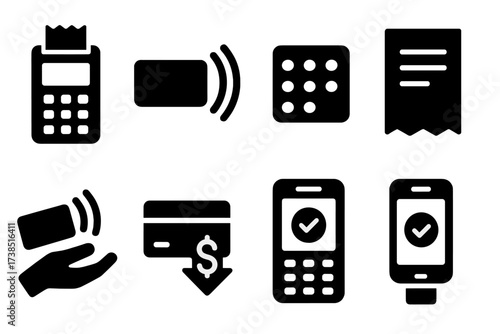 POS Payment Icons. Solid, filled icon set of POS payments: card reader, contactless pay, pin entry, merchant receipt, tap-to-pay icon, cashback icon, payment