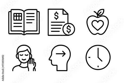 Personal Responsibility Icons. Outline icon set of personal responsibility: daily planner, budget, chores list, healthy habits, punctuality, self-care,