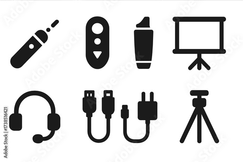 Presentation Tools Icons. Solid, filled icon set of presentation accessories: laser pointer, clicker, marker pen, whiteboard, headset, cables, adapter, tripod.