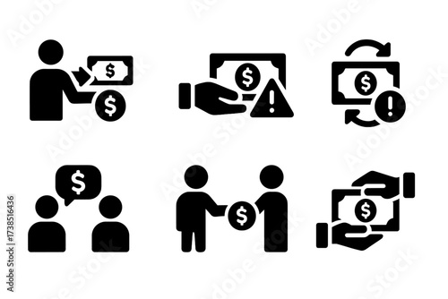 Debt Actions Icon Set. Solid, filled icon set of debt actions: borrow, pay, default, refinance, negotiate, collect, dispute, settle. [Solid, filled icons in
