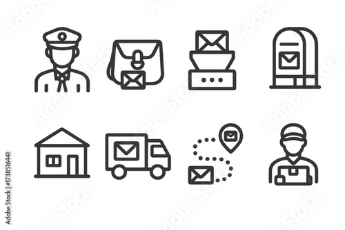 Postal Delivery Icons. Outline icon set of stamp delivery: postal worker, mailbag, sorting machine, mailbox, post office, delivery truck, mail route, courier.