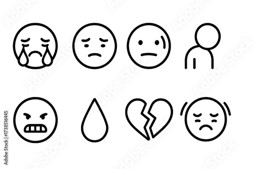 Loser Emotions Icons. Outline icon set of loser emotions: crying face, disappointed expression, sweat drop, slumped shoulders, biting lip, tear drop, broken