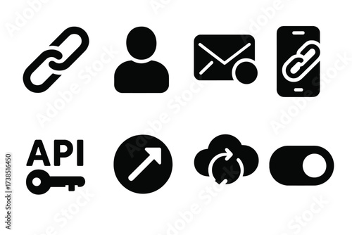 Account Linking Icons. Solid, filled icon set of account linking: link icon, social media account, email connect, phone link, API key, external account, sync