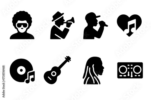 Music Icon Grid. Solid, filled icon set of groove history and culture: funk pioneers, jazz legends, hip-hop roots, soul music, disco era, blues tradition,