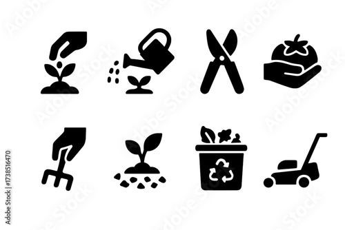 Garden Activity Icons. Solid, filled icon set of garden activities: planting, watering, pruning, harvesting, weeding, mulching, composting, mowing. [Line icons