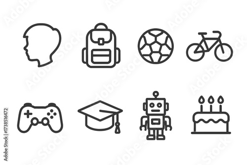 Son's Icon Set. Outline icon set of son: boy silhouette, school backpack, soccer ball, bicycle, video game controller, graduation cap, toy robot, birthday