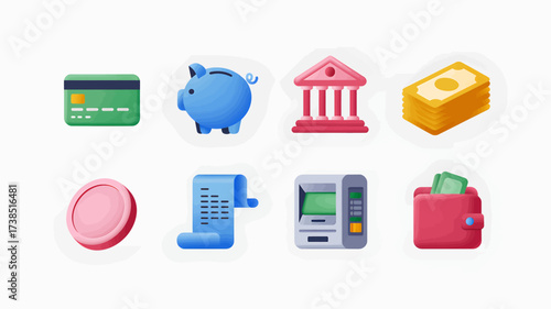 Financial icons showing banking savings and transactions for personal finance management and investment planning in a modern colorful and minimalist style