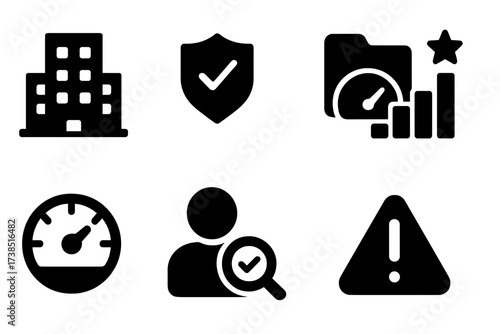 Credit Agency Icons. Solid, filled icon set of credit agencies: report building, agency badge, credit data file, analytics chart, rating symbol, inspector