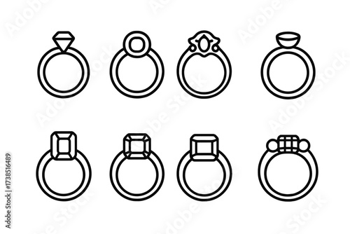 Engagement Ring Icons. Outline icon set of engagement rings: solitaire ring, halo ring, vintage ring, band ring, cushion cut ring, princess cut ring, emerald