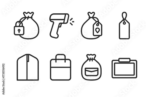 Postal Bag Icons. Outline icon set of postal bag accessories: lock seal, barcode scanner, tracking tag, bag tag, protective cover, carrying case, pouch