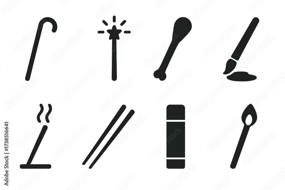 Obraz premium Stick Tools Icons. Solid, filled icon set of stick tools and objects: walking stick, magic wand, drumstick, paint stick, incense stick, chopsticks, glue stick,