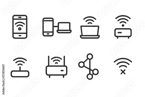 Wi-Fi Modes Icons. Outline icon set of Wi-Fi connection modes: hotspot, tethering, client mode, bridge mode, access point mode, repeater mode, mesh network