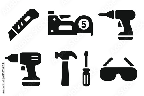 Insulation Tools Icons. Solid, filled icon set of insulation tools: utility knife, staple gun, measuring tape, caulking gun, drill, hammer, screwdriver, safety