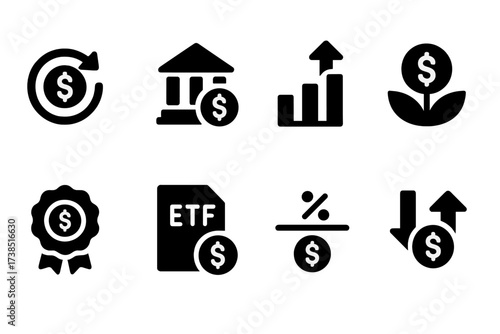 Dividend Strategy Icons. Solid, filled icon set of dividend investment strategies: dividend reinvestment, income investing, dividend growth, high yield,
