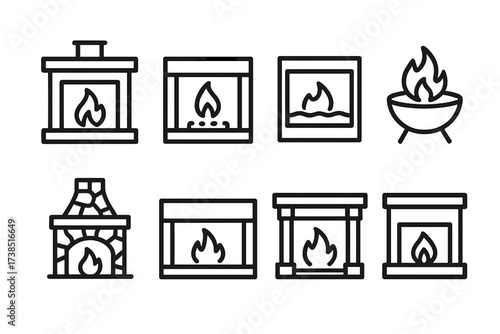 Fireplace Icons Collection. Outline icon set of fireplace types: wood-burning, gas fireplace, electric fireplace, outdoor fire pit, stone fireplace, modern