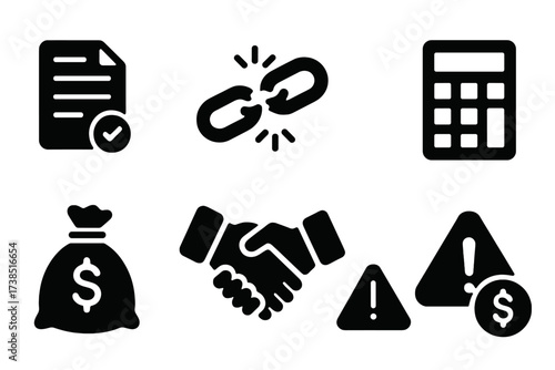 Debt Settlement Icons. Solid, filled icon set of debt settlement: debt papers, broken chain, handshake, calculator, money bag, contract, warning sign, dollar