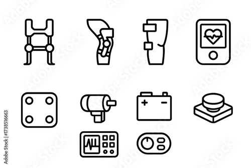Medical Exosuit Icon Set. Outline icon set of medical exosuit: support frame, joint brace, sensor pad, actuator motor, health monitor, battery module, control